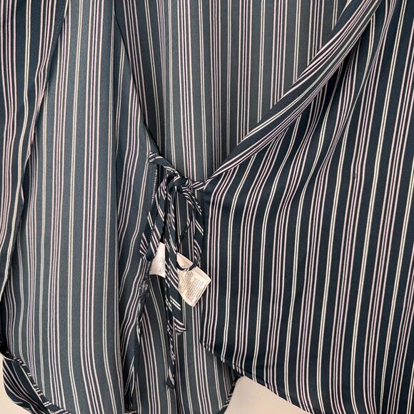 BCBG MaxAzria Blouse Sz S Midnight Teal Asymmetrical Wrap White Pink Stripes - Picture 6 of 7